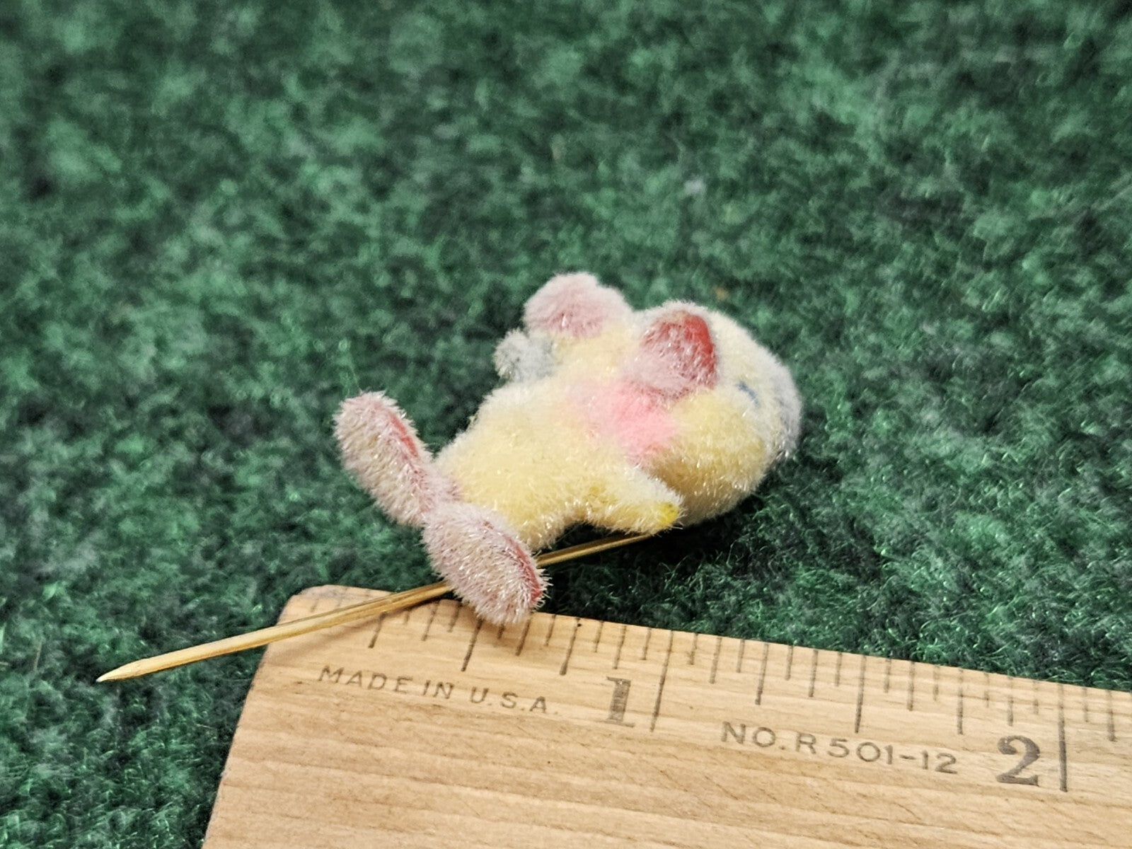 Vintage Flocked Duck Chick Stick Pin Brooch Miniature Jewelry Easter 2.25”