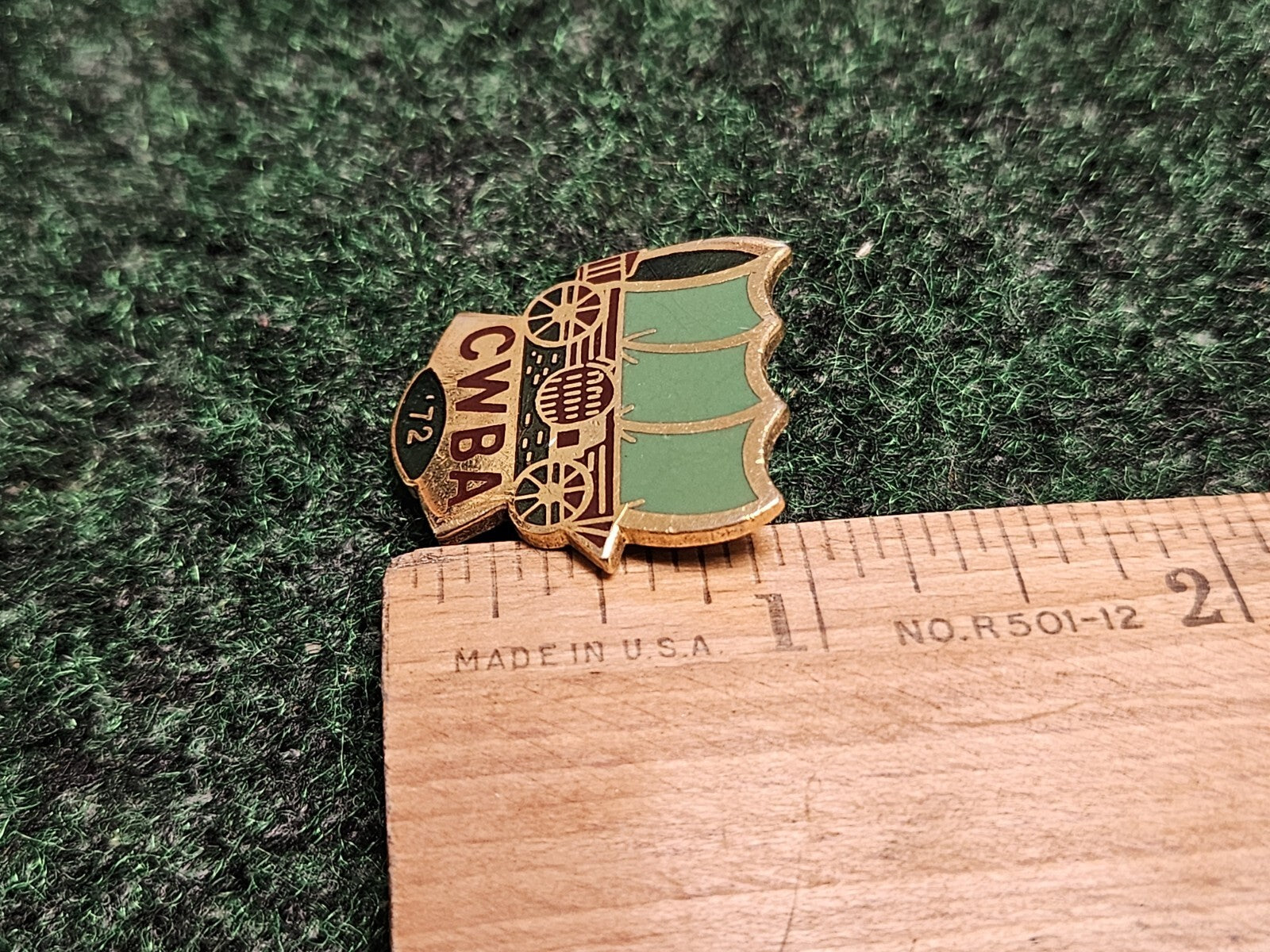 CWBA 1972 Covered Wagon Green Enamel Souvenir Goldtone Metal Lapel Pin Pinback