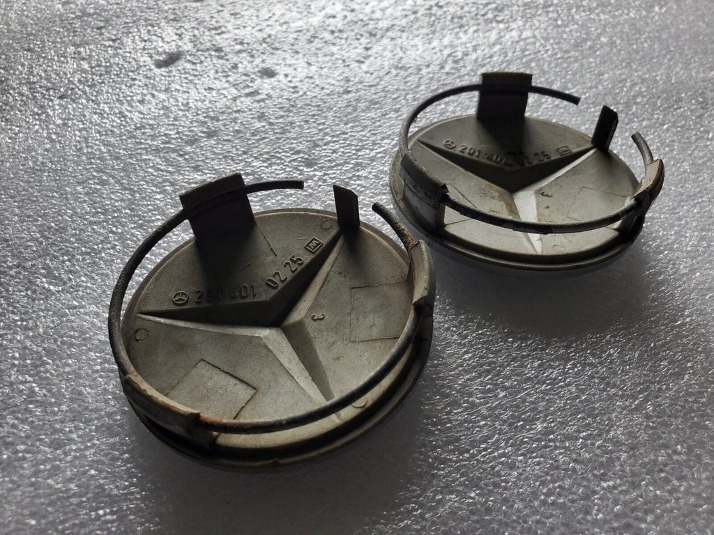 (2) Mercedes Benz OEM 1984-2016 Silver Center Cap Hub Cover 201 401 02 25 2L8