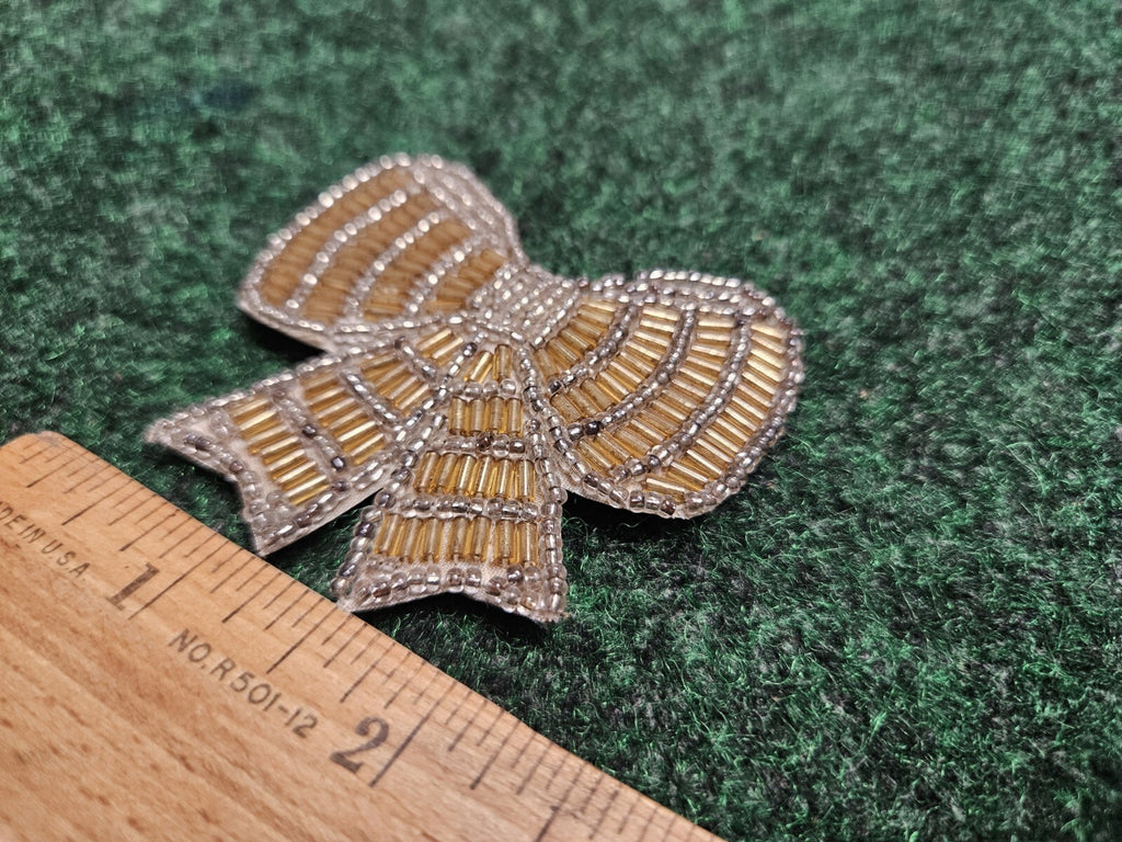 Hand Made Beaded Bow Brooch Pin Garment Embellishment Gold Clear 2.5"