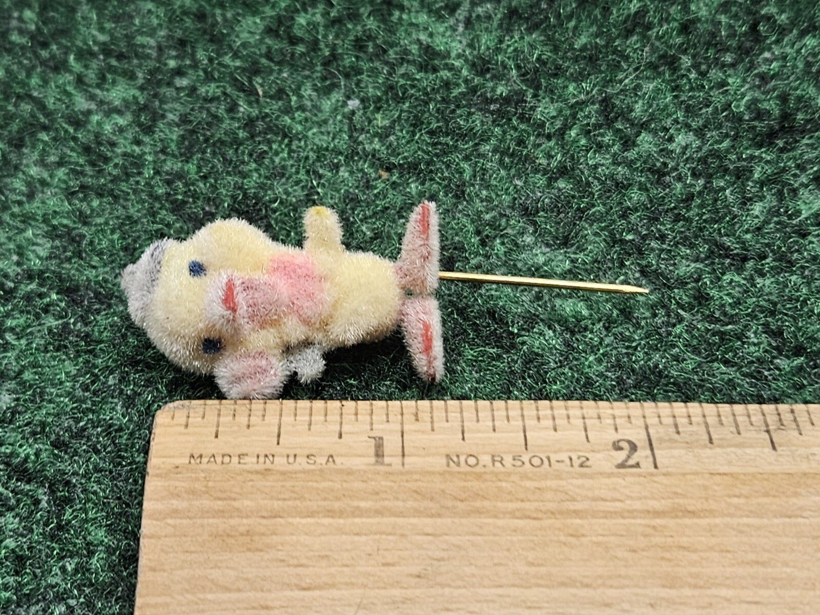 Vintage Flocked Duck Chick Stick Pin Brooch Miniature Jewelry Easter 2.25”