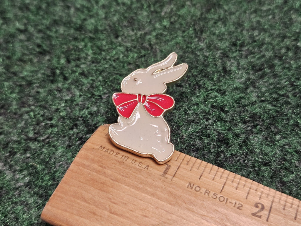 White Bunny Rabbit with Red Bow Brooch Lapel Hat Pin Enamel on Gold Tone Metal