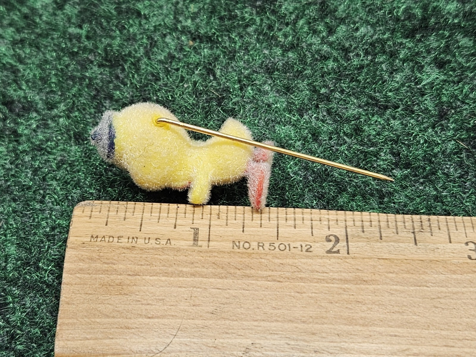 Vintage Flocked Duck Chick Stick Pin Brooch Miniature Jewelry Easter 2.25”