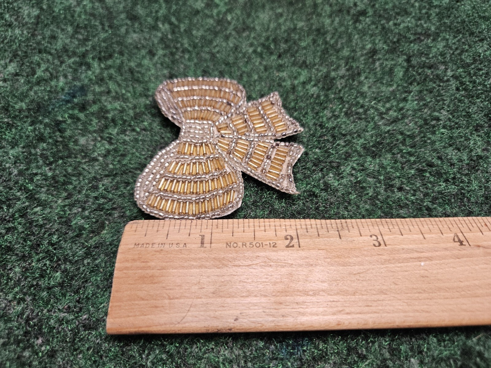 Hand Made Beaded Bow Brooch Pin Garment Embellishment Gold Clear 2.5"