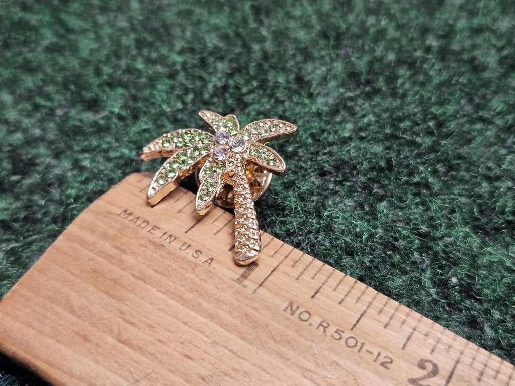 Gemstone Palm Tree Gold Tone Lapel Pin Brooch Button