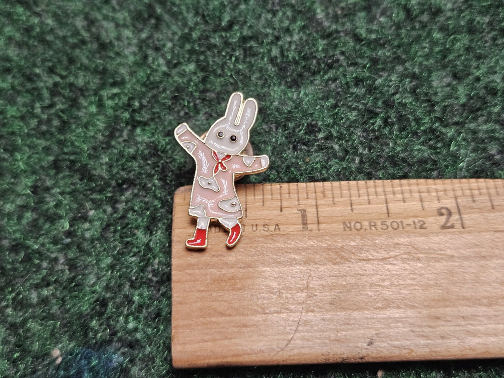 Small Metal Enamel Lapel Pin Pinback White Rabbit Bunny Pink Dress Red Boots