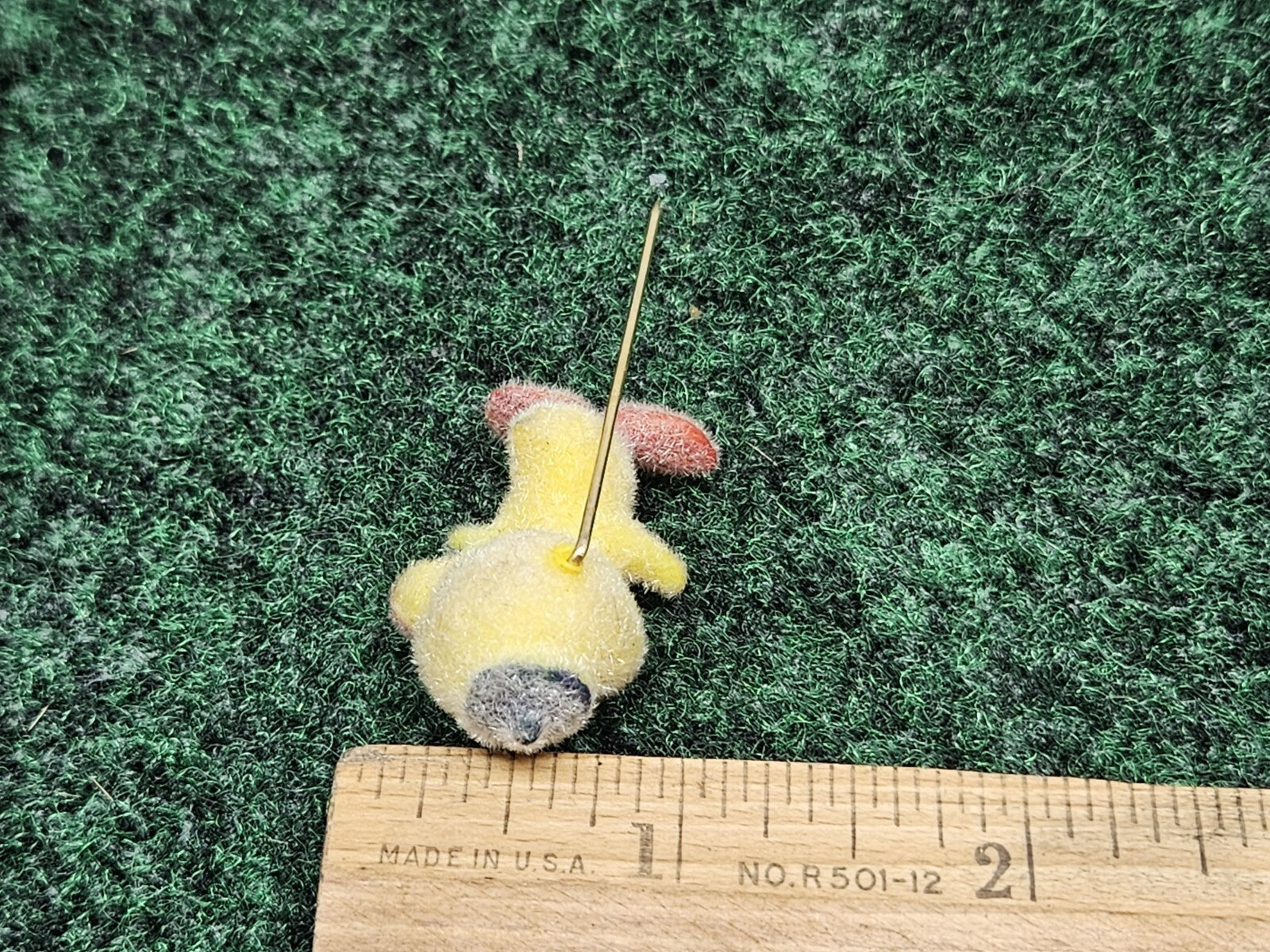 Vintage Flocked Duck Chick Stick Pin Brooch Miniature Jewelry Easter 2.25”