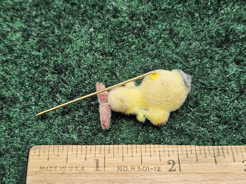 Vintage Flocked Duck Chick Stick Pin Brooch Miniature Jewelry Easter 2.25”