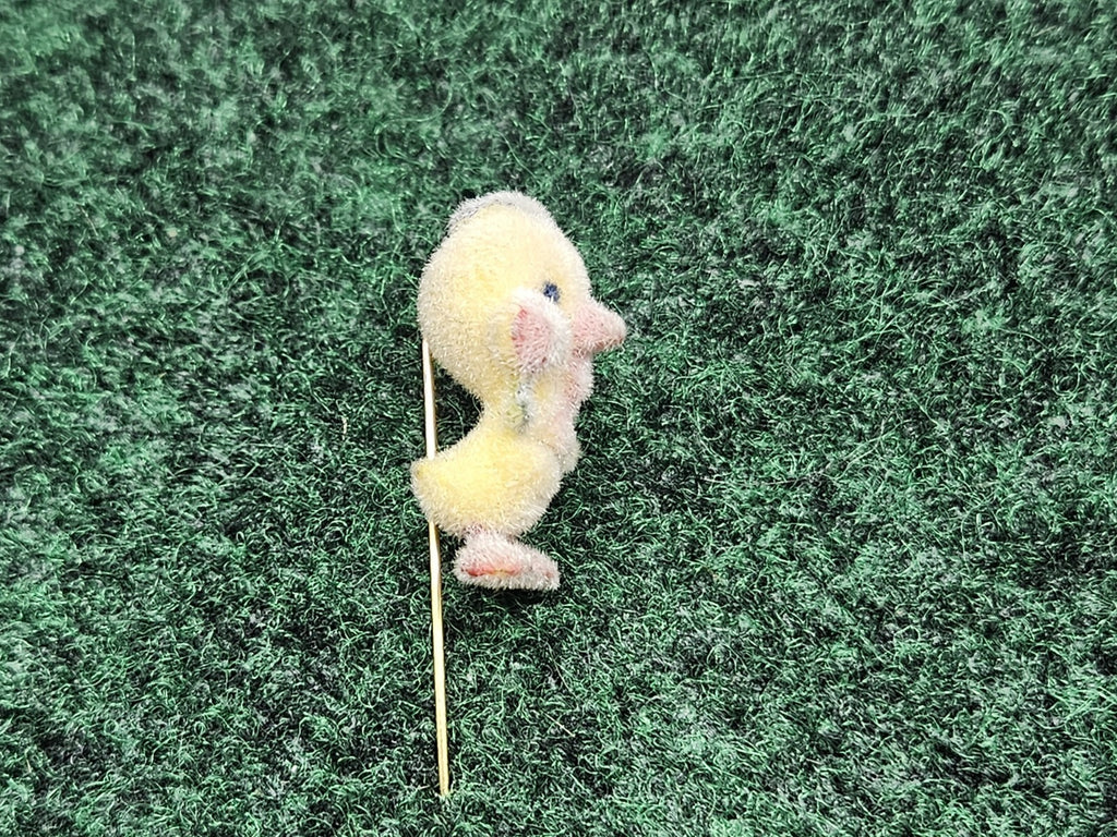 Vintage Flocked Duck Chick Stick Pin Brooch Miniature Jewelry Easter 2.25”