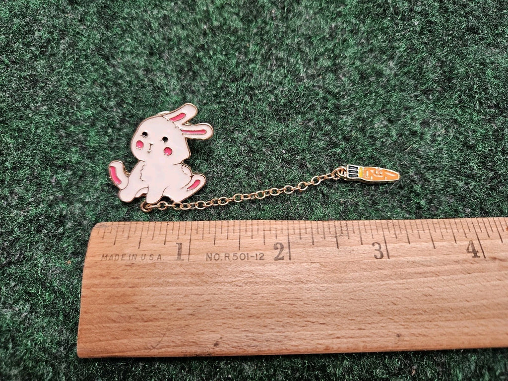 Bunny Rabbit and Dangling Carrot Charm Lapel Pin Attached with Chain