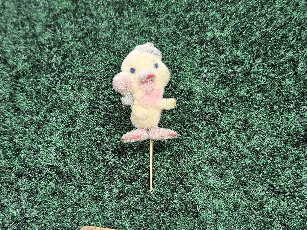 Vintage Flocked Duck Chick Stick Pin Brooch Miniature Jewelry Easter 2.25”