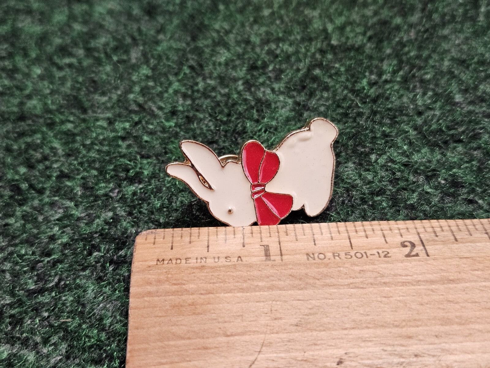 White Bunny Rabbit with Red Bow Brooch Lapel Hat Pin Enamel on Gold Tone Metal