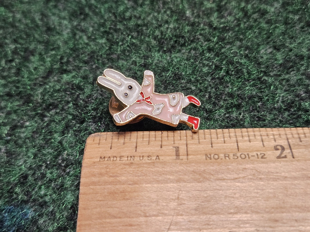 Small Metal Enamel Lapel Pin Pinback White Rabbit Bunny Pink Dress Red Boots