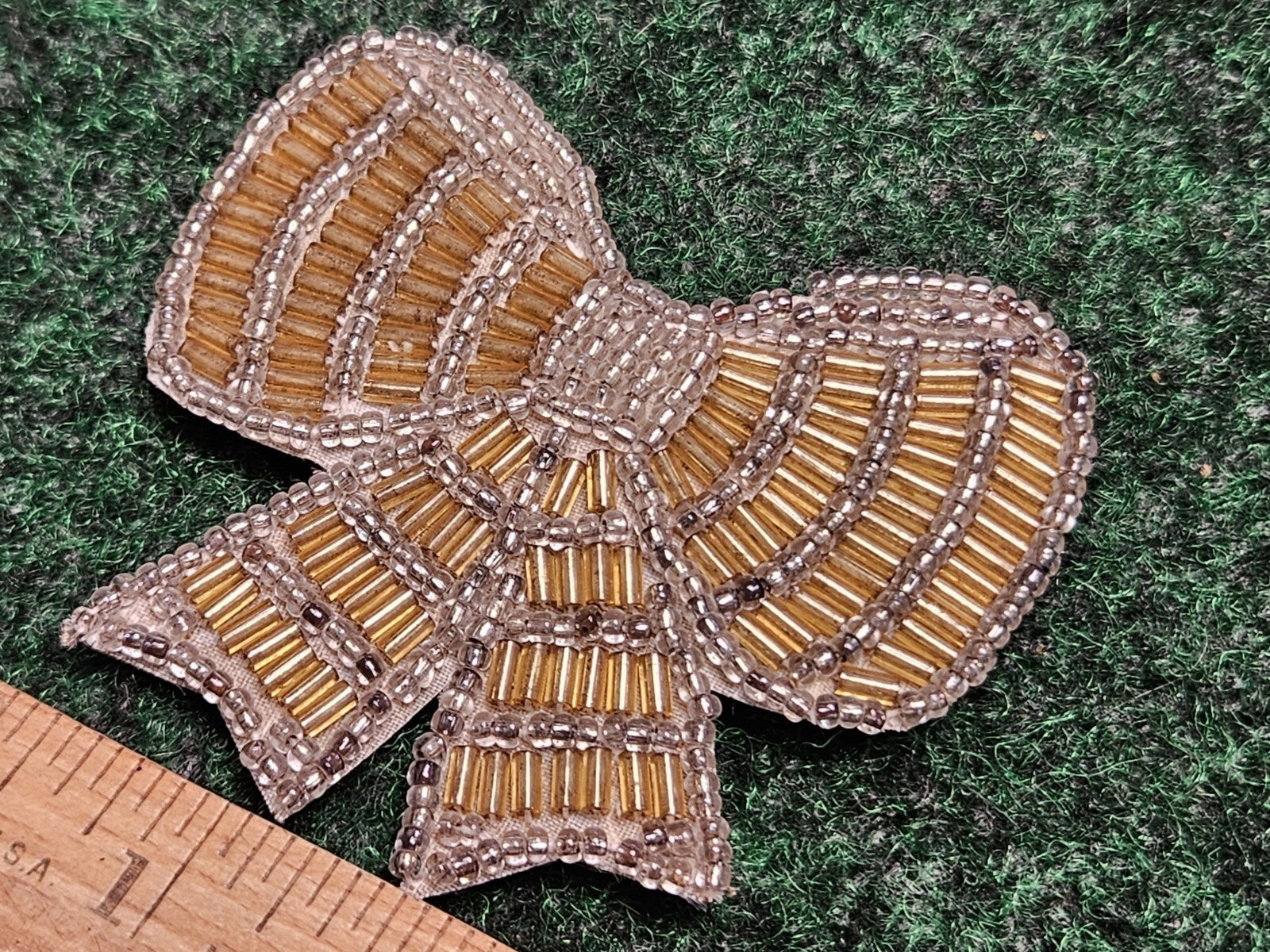 Hand Made Beaded Bow Brooch Pin Garment Embellishment Gold Clear 2.5"